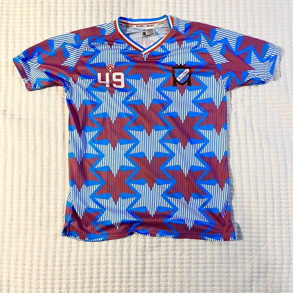 FC Malawi Soccer Shirt Julio #49 – Red Blue Geometric Print – Size S